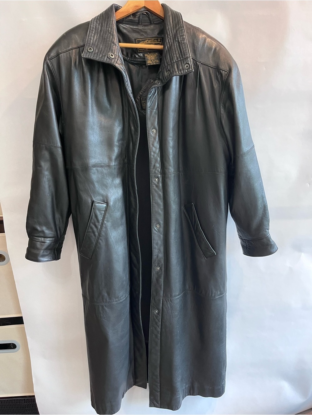 Vintage Eddie Bauer Black Leather Long Coat Trench Removable Goose Down Liner